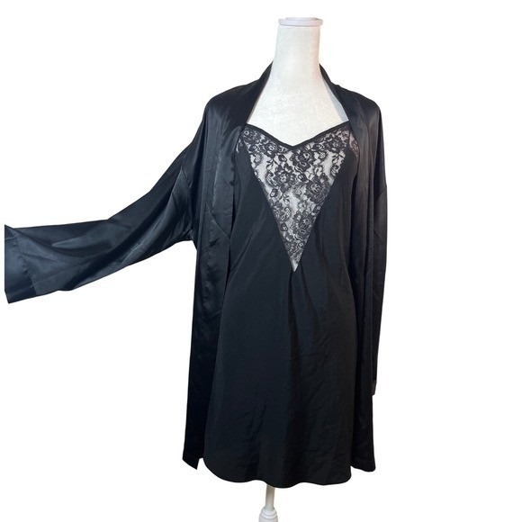 Victoria's Secret Other - Vtg Victoria's Secret Gold Label Slip Dress‎ Sz M Robe Set Black Satin Lace